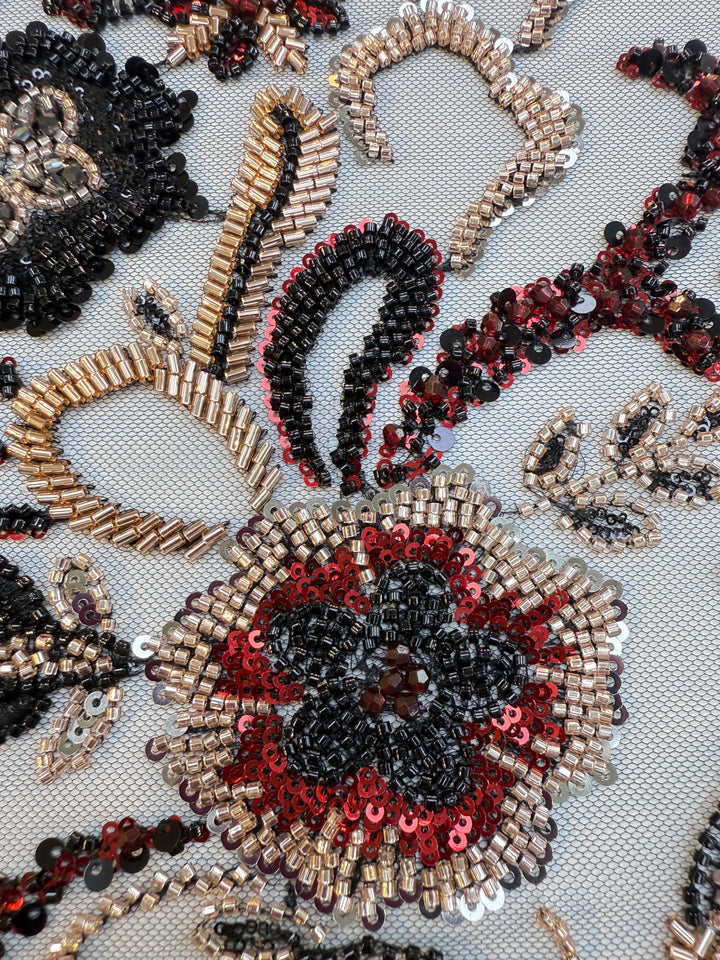 Black, Red & Gold Beaded Floral Embroidery on Tulle – Luxury Couture Fabric (1 Piece = 4 Meter)