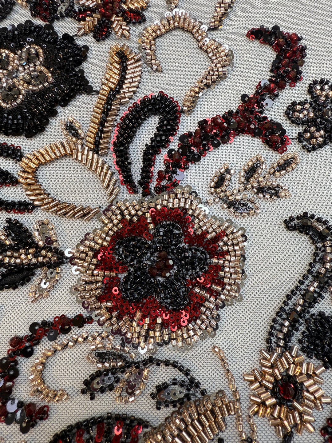 Black, Red & Gold Beaded Floral Embroidery on Tulle – Luxury Couture Fabric (1 Piece = 4 Meter)