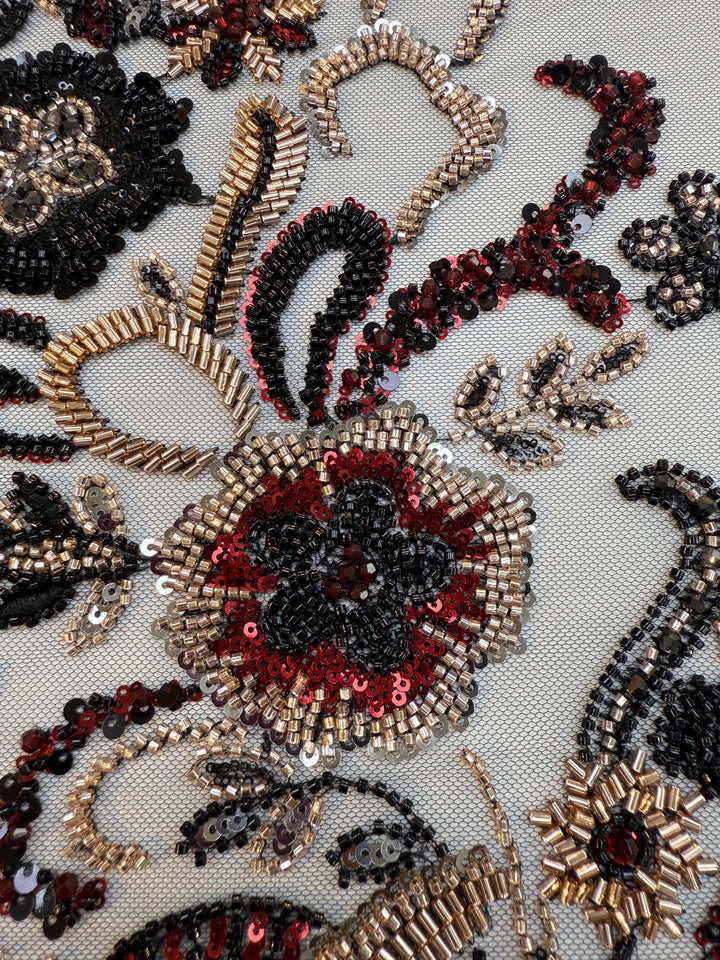 Black, Red & Gold Beaded Floral Embroidery on Tulle – Luxury Couture Fabric (1 Piece = 4 Meter)