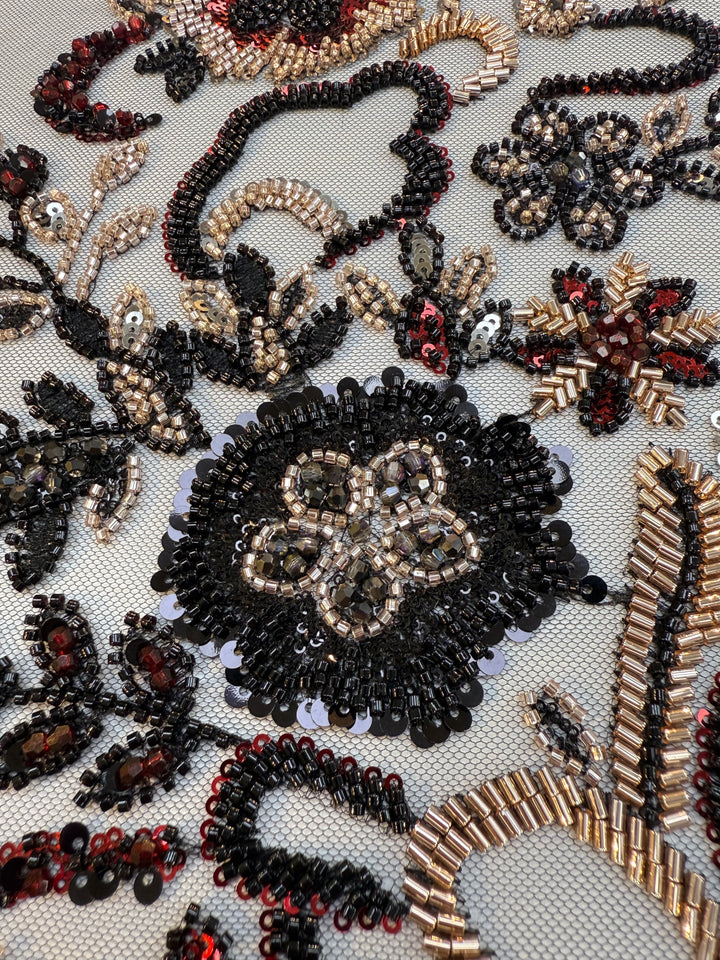 Black, Red & Gold Beaded Floral Embroidery on Tulle – Luxury Couture Fabric (1 Piece = 4 Meter)