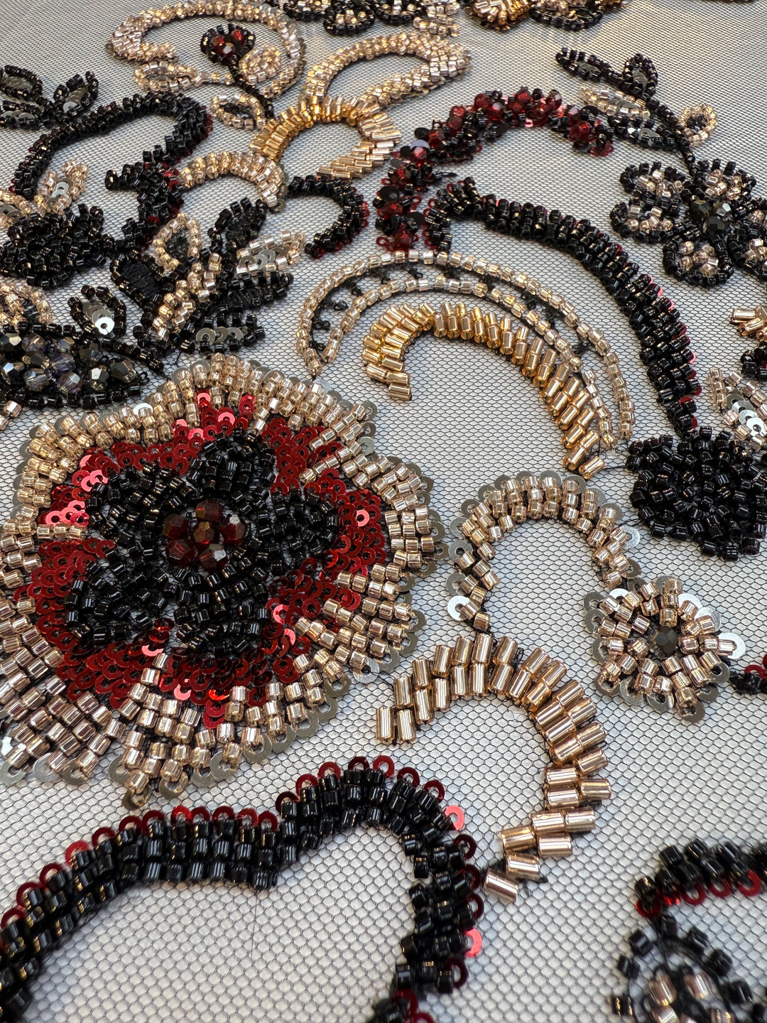 Black, Red & Gold Beaded Floral Embroidery on Tulle – Luxury Couture Fabric (1 Piece = 4 Meter)