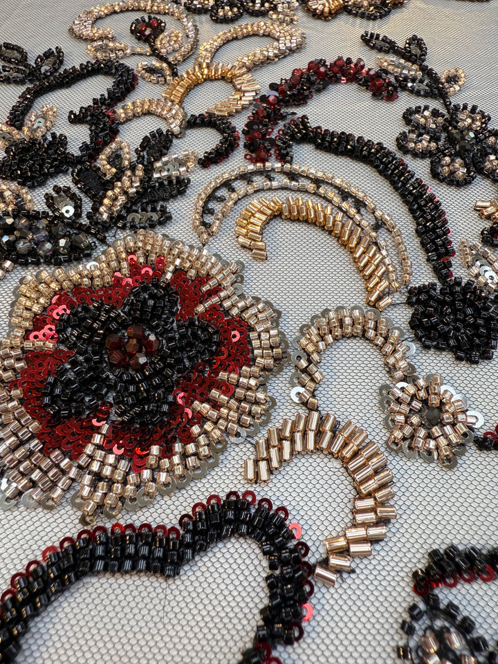 Black, Red & Gold Beaded Floral Embroidery on Tulle – Luxury Couture Fabric (1 Piece = 4 Meter)