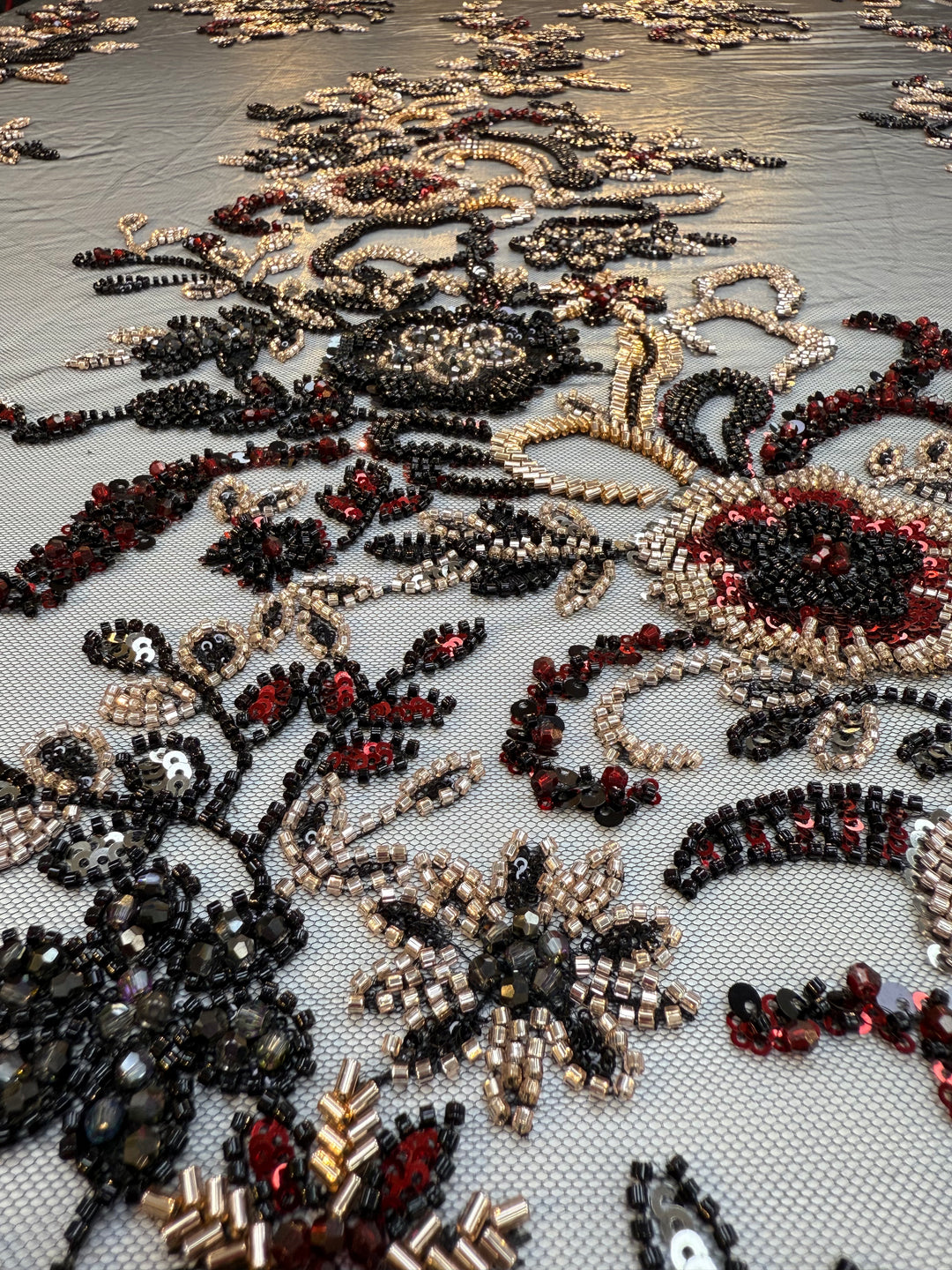 Black, Red & Gold Beaded Floral Embroidery on Tulle – Luxury Couture Fabric (1 Piece = 4 Meter)