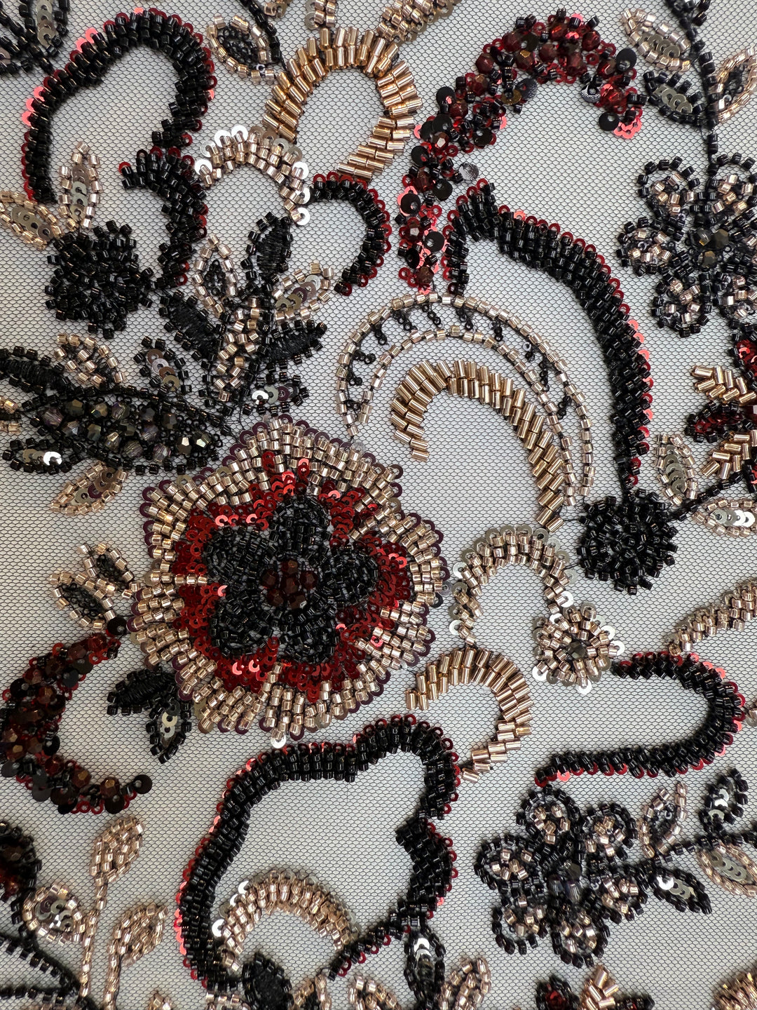 Black, Red & Gold Beaded Floral Embroidery on Tulle – Luxury Couture Fabric (1 Piece = 4 Meter)