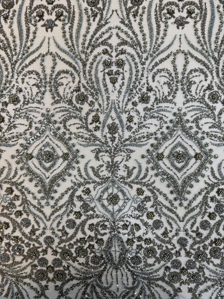 Emerald Green Beaded Baroque Embroidery on Tulle – Luxury Couture Fabric (1 Piece = 3 Meter)