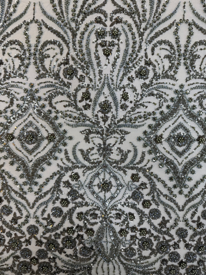 Emerald Green Beaded Baroque Embroidery on Tulle – Luxury Couture Fabric (1 Piece = 3 Meter)
