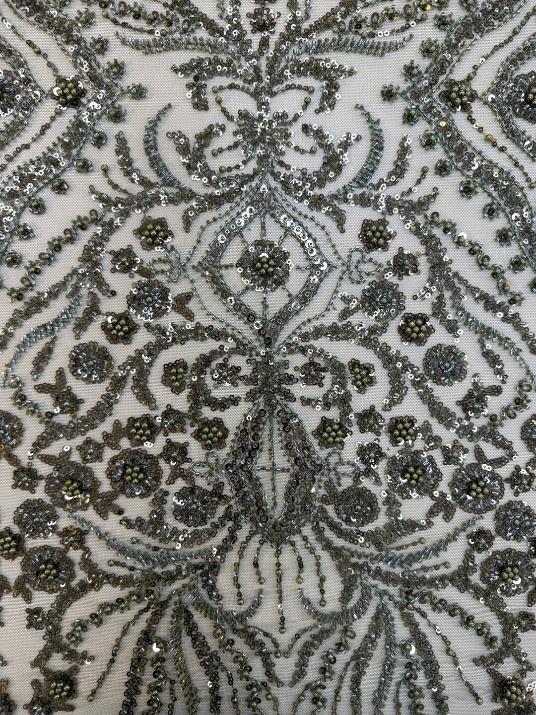 Emerald Green Beaded Baroque Embroidery on Tulle – Luxury Couture Fabric (1 Piece = 3 Meter)