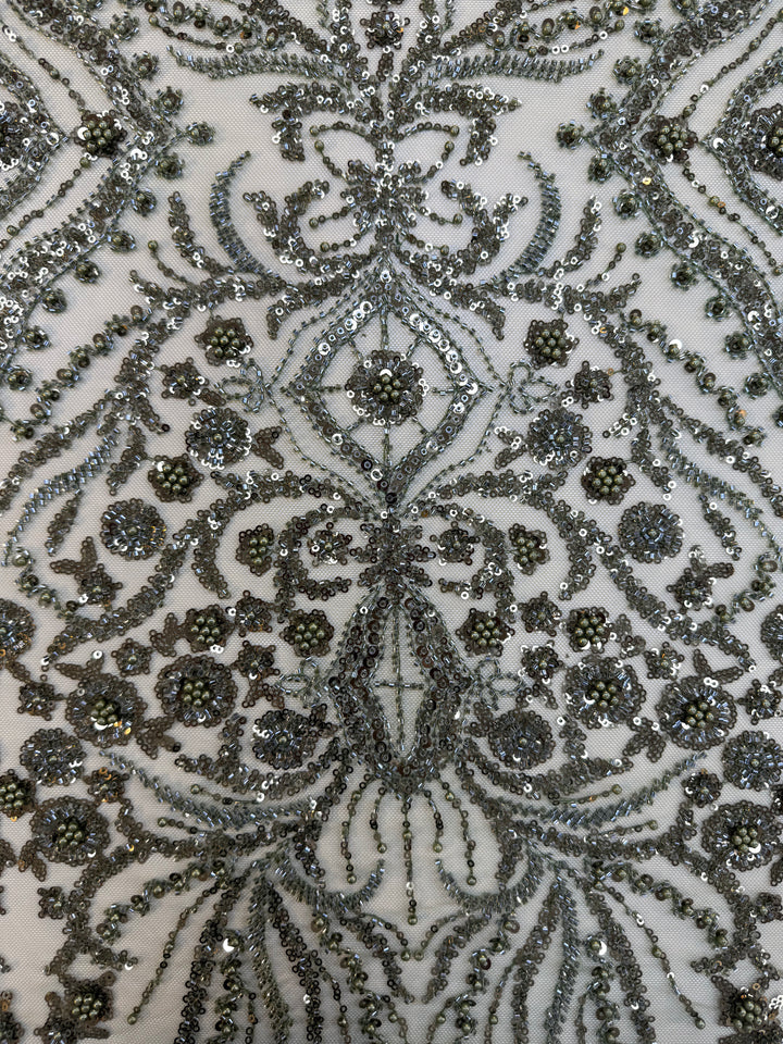 Emerald Green Beaded Baroque Embroidery on Tulle – Luxury Couture Fabric (1 Piece = 3 Meter)