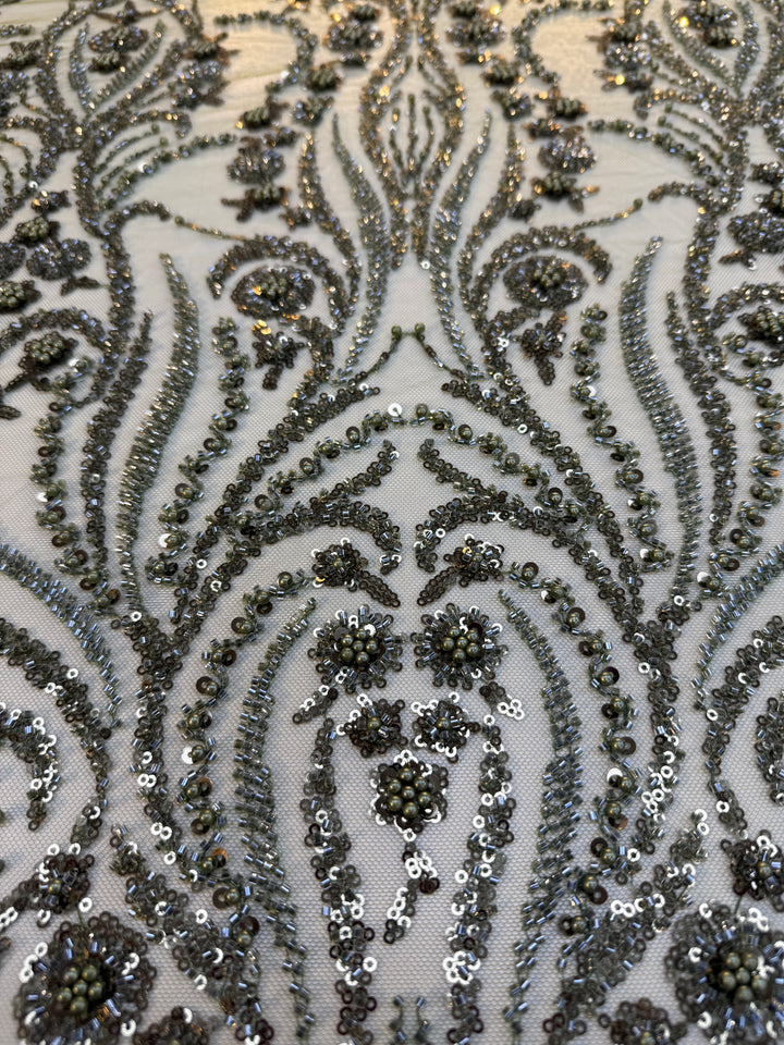 Emerald Green Beaded Baroque Embroidery on Tulle – Luxury Couture Fabric (1 Piece = 3 Meter)