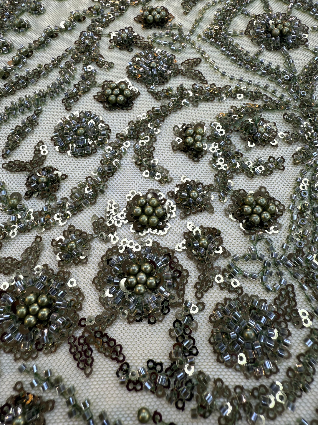 Emerald Green Beaded Baroque Embroidery on Tulle – Luxury Couture Fabric (1 Piece = 3 Meter)