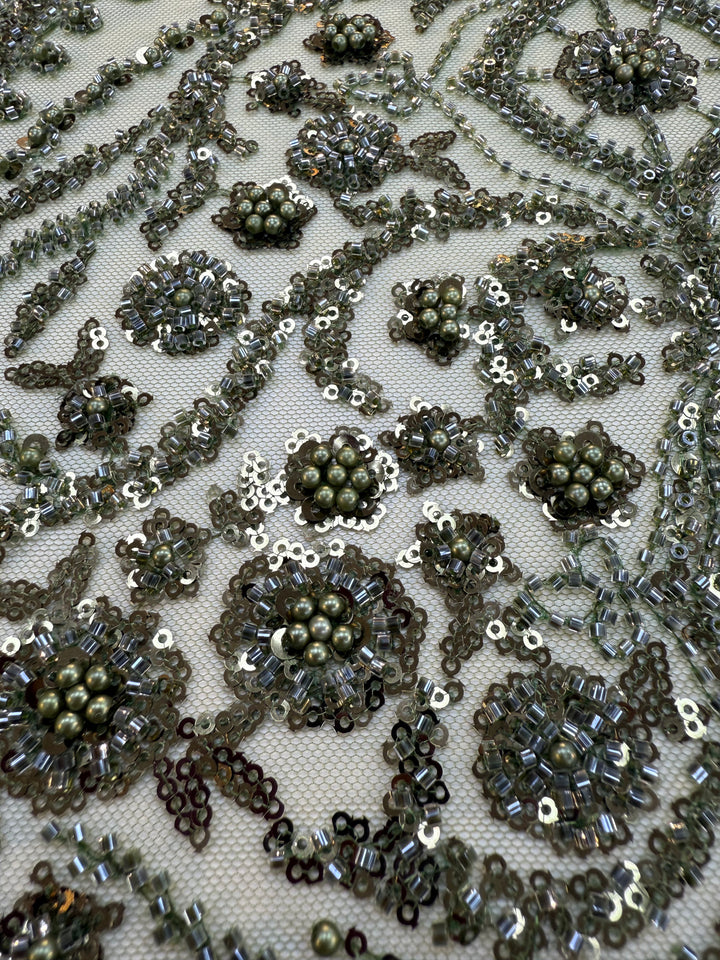 Emerald Green Beaded Baroque Embroidery on Tulle – Luxury Couture Fabric (1 Piece = 3 Meter)