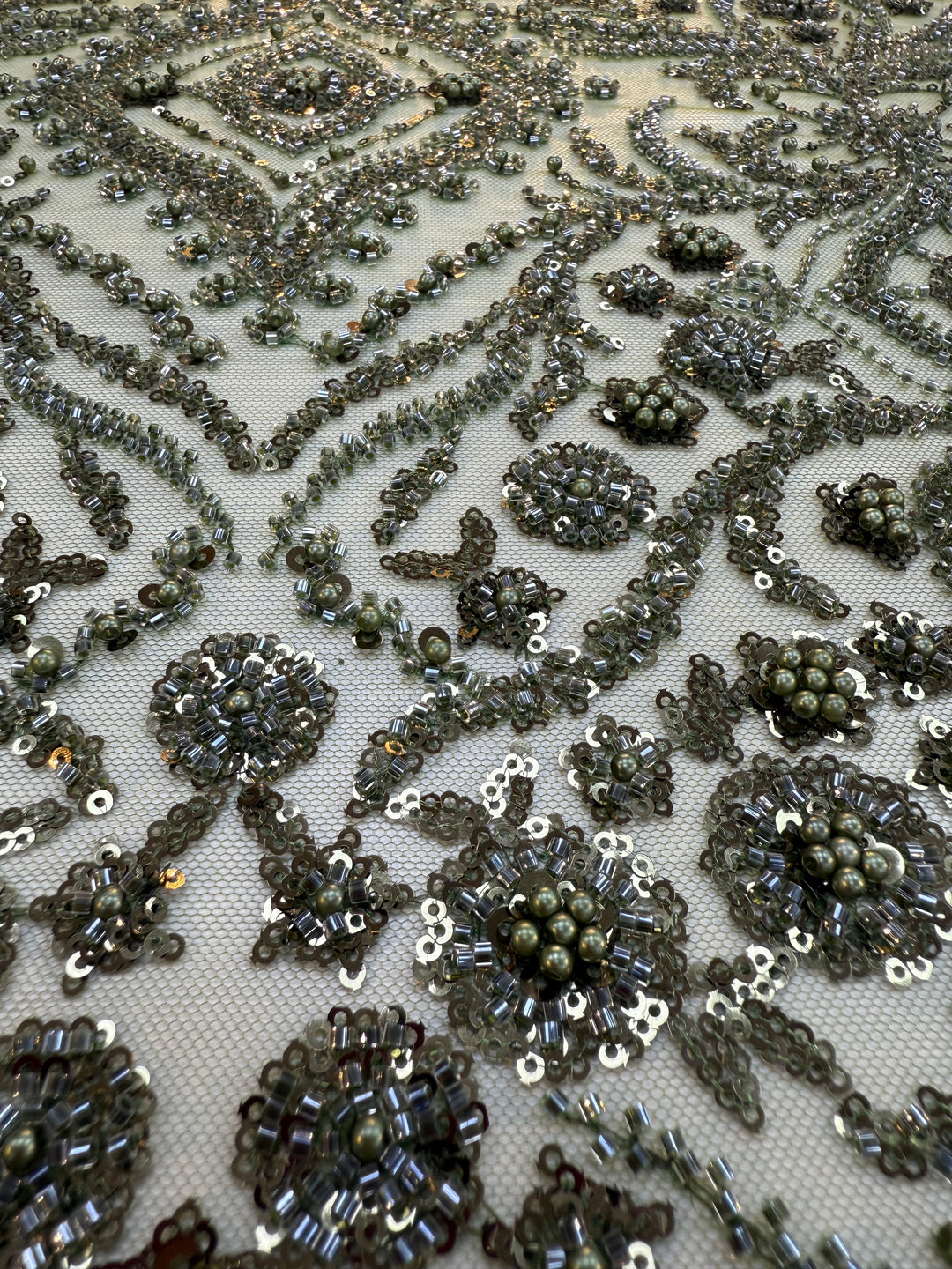 Emerald Green Beaded Baroque Embroidery on Tulle – Luxury Couture Fabric (1 Piece = 3 Meter)