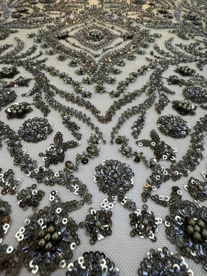 Emerald Green Beaded Baroque Embroidery on Tulle – Luxury Couture Fabric (1 Piece = 3 Meter)