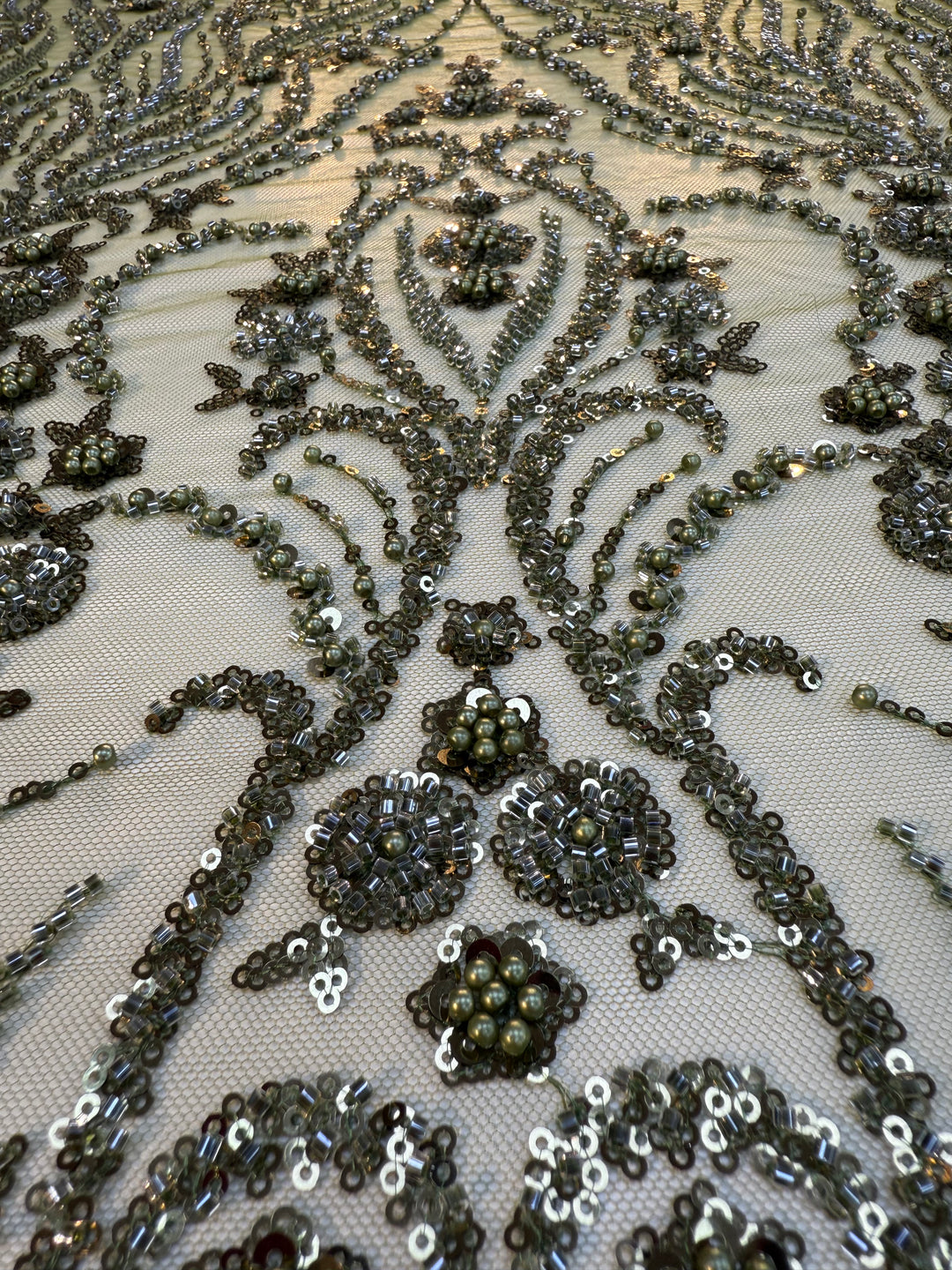Emerald Green Beaded Baroque Embroidery on Tulle – Luxury Couture Fabric (1 Piece = 3 Meter)
