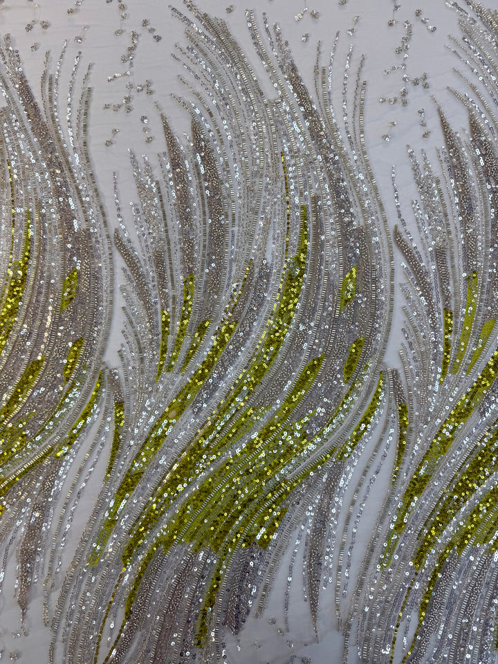 Luxury Silver & Lime Sequin Feather Waves Tulle Fabric (1 Piece = 3 Meter)