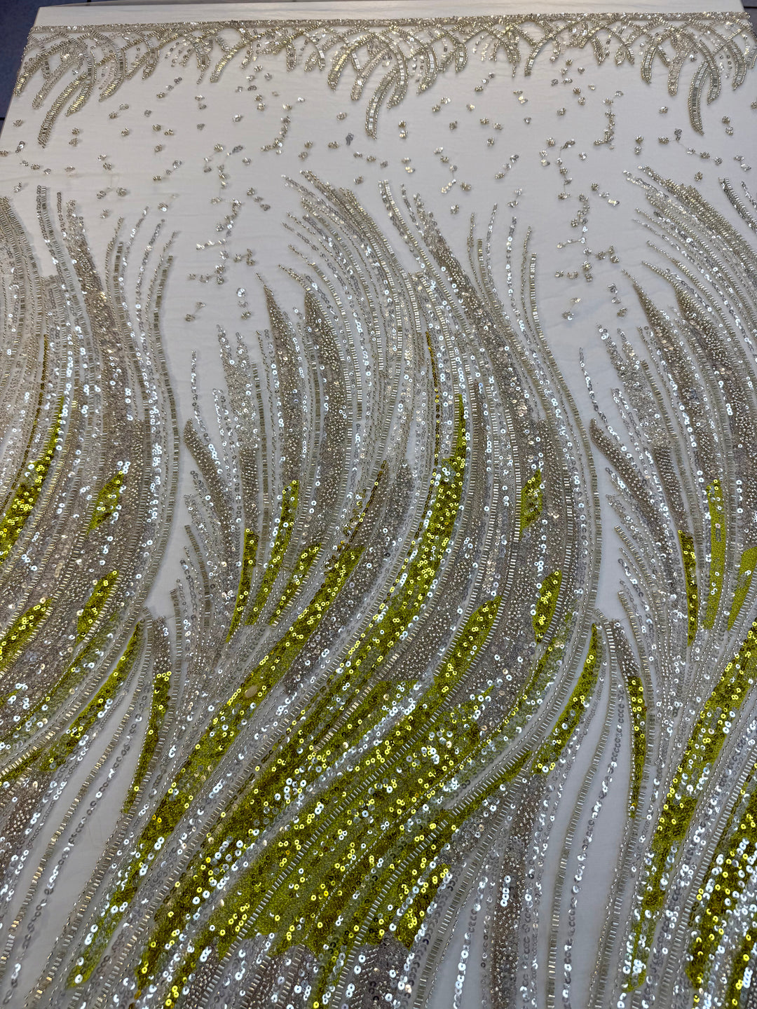 Luxury Silver & Lime Sequin Feather Waves Tulle Fabric (1 Piece = 3 Meter)