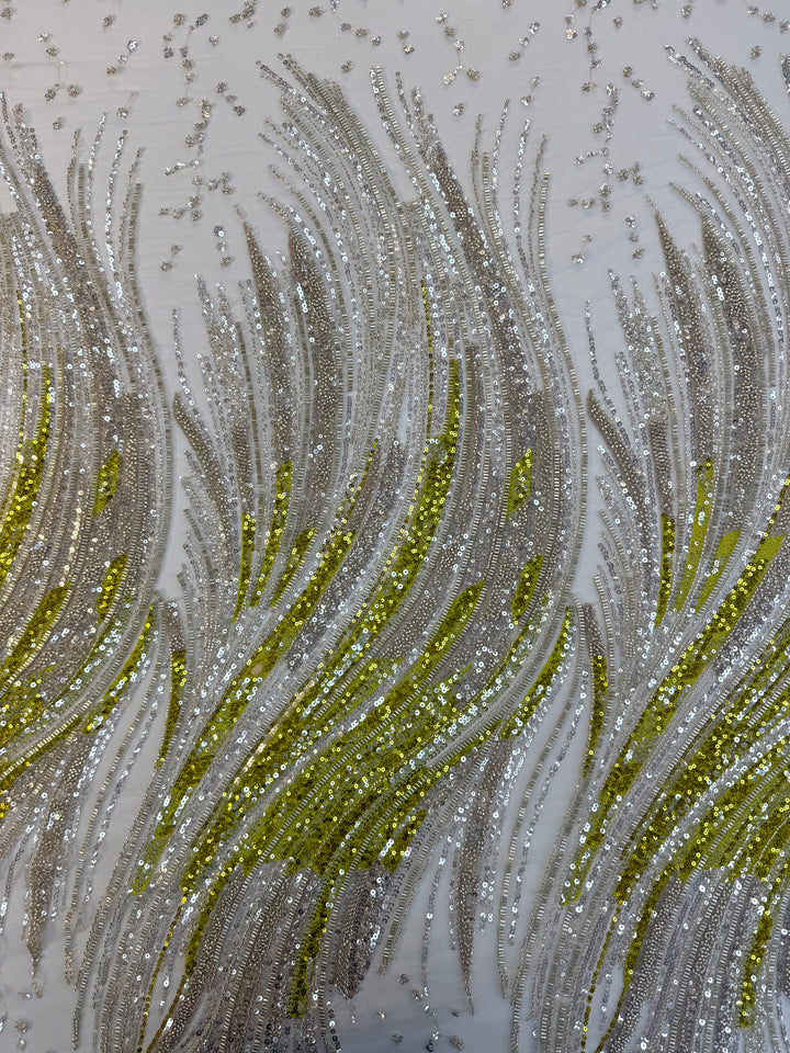 Luxury Silver & Lime Sequin Feather Waves Tulle Fabric (1 Piece = 3 Meter)