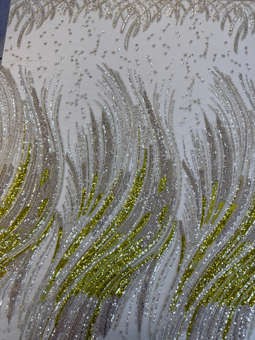 Luxury Silver & Lime Sequin Feather Waves Tulle Fabric (1 Piece = 3 Meter)