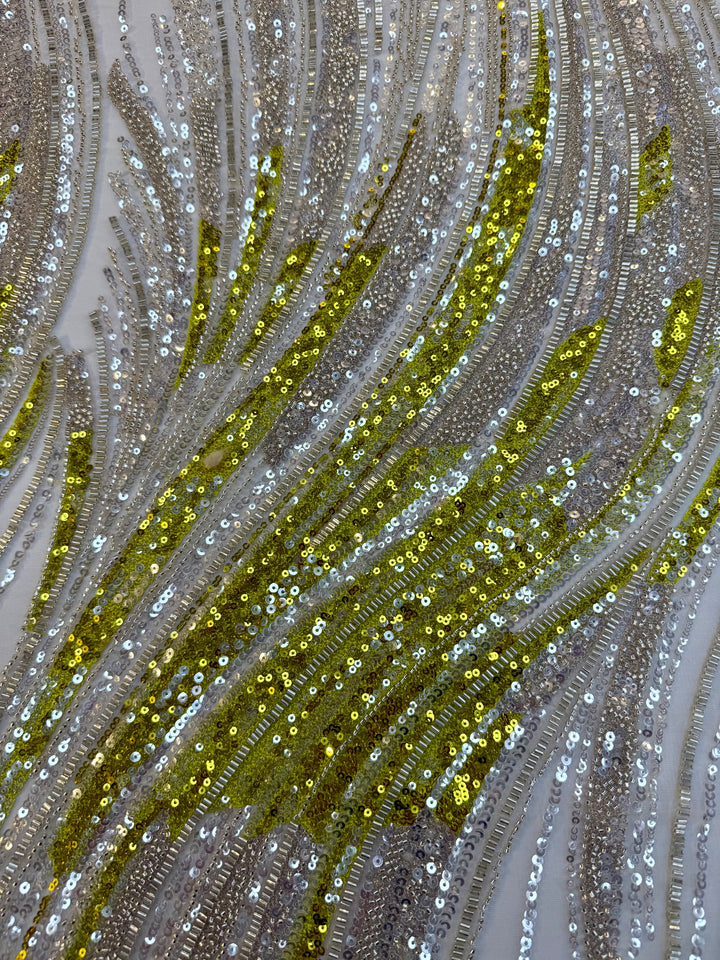 Luxury Silver & Lime Sequin Feather Waves Tulle Fabric (1 Piece = 3 Meter)