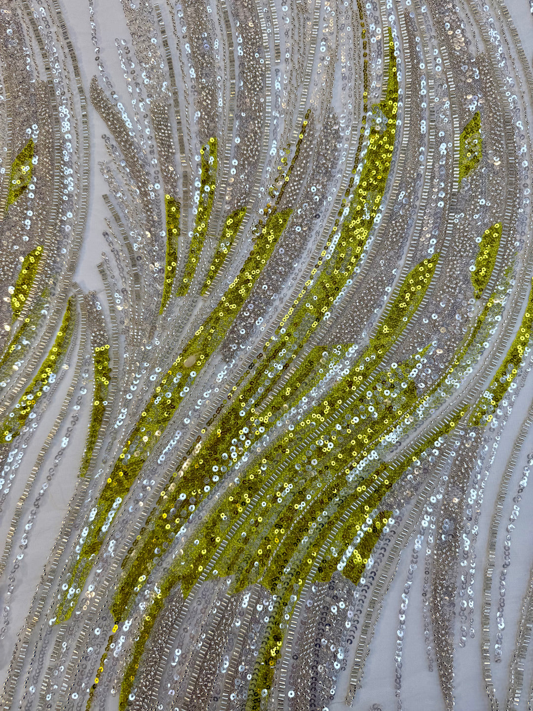 Luxury Silver & Lime Sequin Feather Waves Tulle Fabric (1 Piece = 3 Meter)