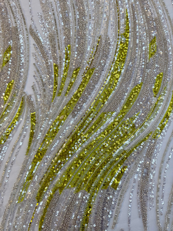 Luxury Silver & Lime Sequin Feather Waves Tulle Fabric (1 Piece = 3 Meter)