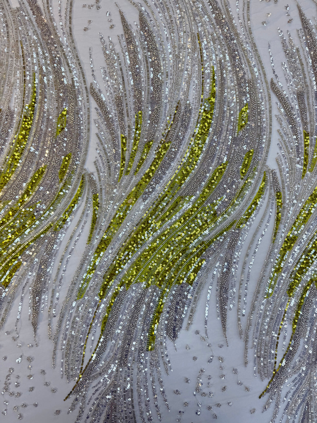 Luxury Silver & Lime Sequin Feather Waves Tulle Fabric (1 Piece = 3 Meter)