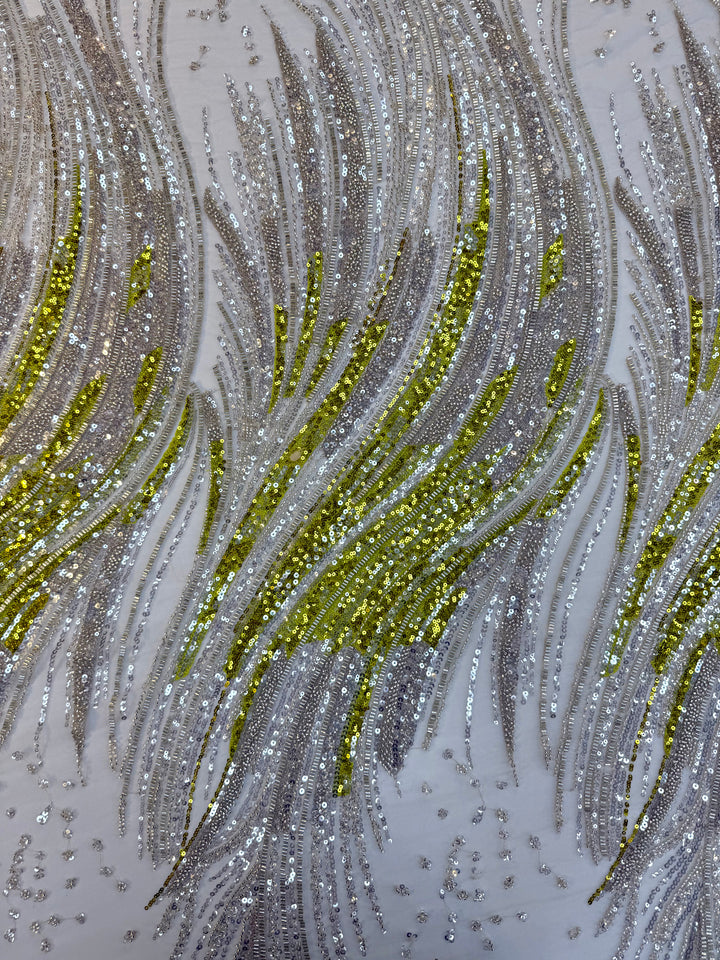 Luxury Silver & Lime Sequin Feather Waves Tulle Fabric (1 Piece = 3 Meter)