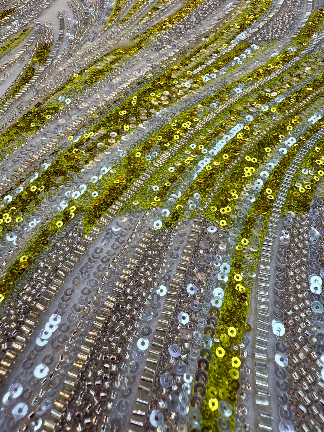 Luxury Silver & Lime Sequin Feather Waves Tulle Fabric (1 Piece = 3 Meter)