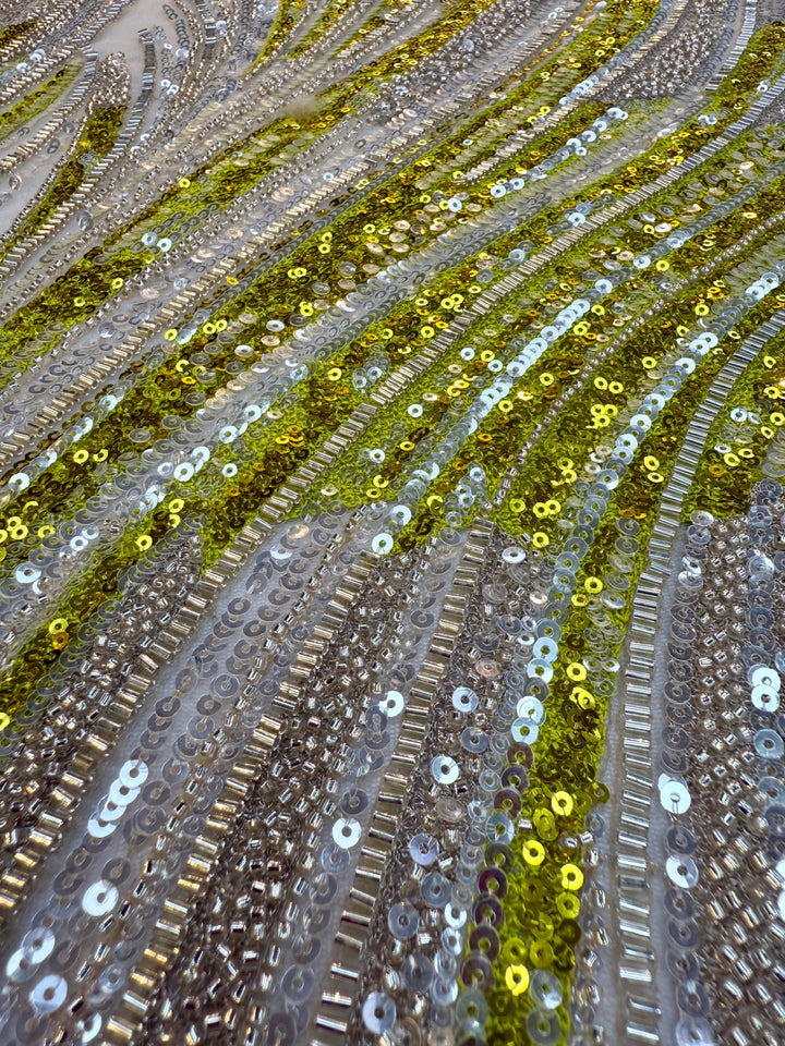 Luxury Silver & Lime Sequin Feather Waves Tulle Fabric (1 Piece = 3 Meter)
