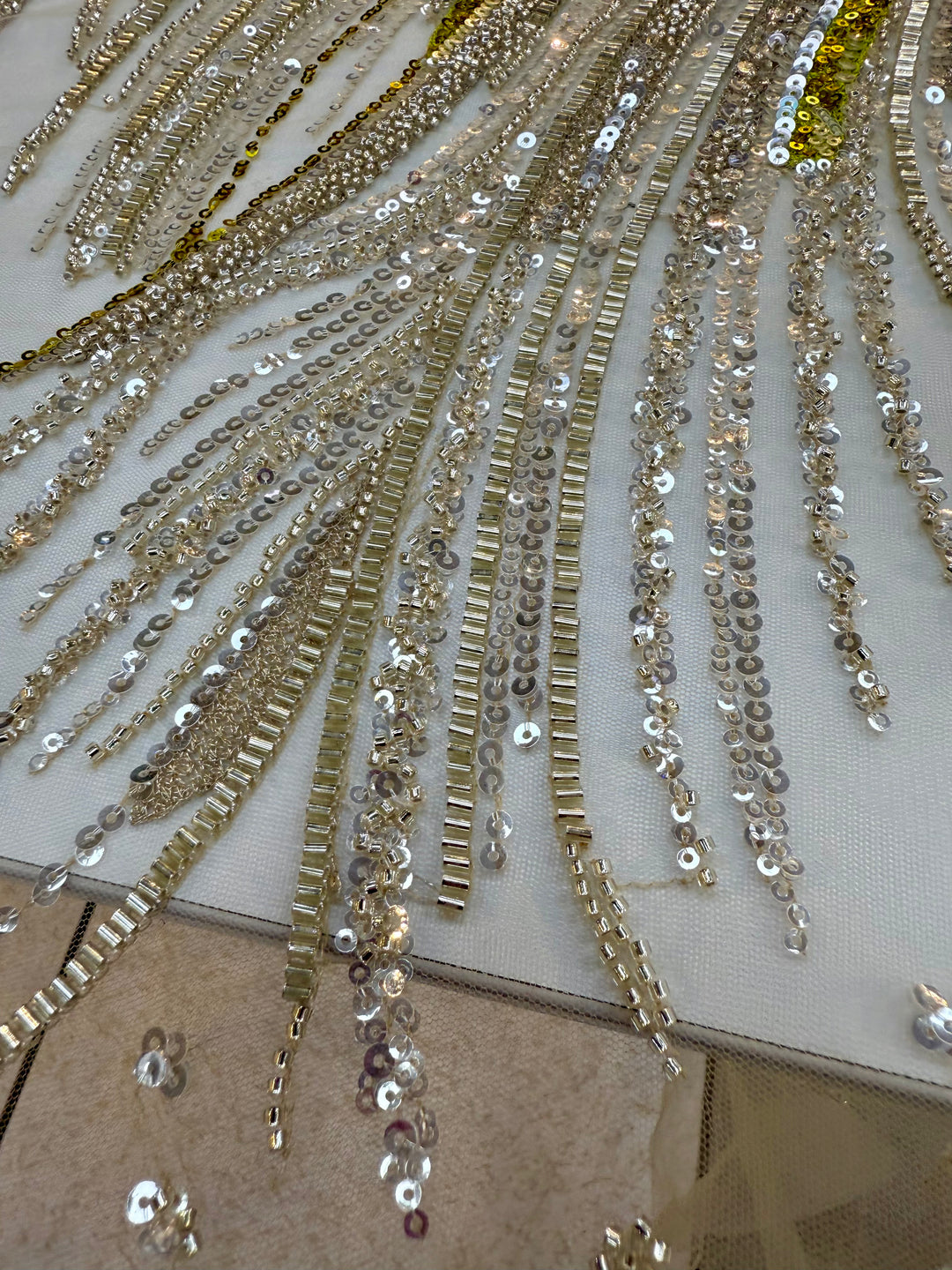 Luxury Silver & Lime Sequin Feather Waves Tulle Fabric (1 Piece = 3 Meter)