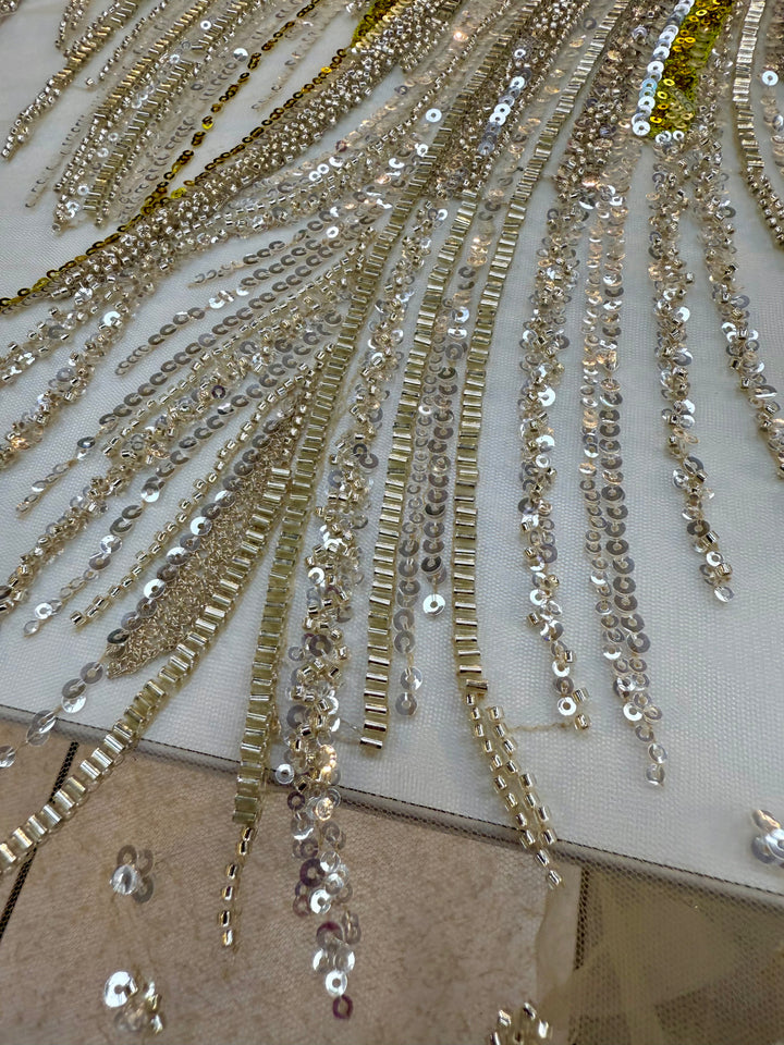 Luxury Silver & Lime Sequin Feather Waves Tulle Fabric (1 Piece = 3 Meter)