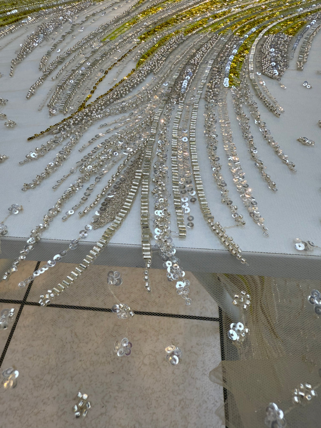 Luxury Silver & Lime Sequin Feather Waves Tulle Fabric (1 Piece = 3 Meter)