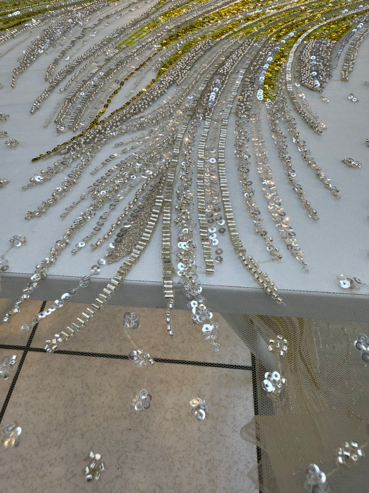 Luxury Silver & Lime Sequin Feather Waves Tulle Fabric (1 Piece = 3 Meter)