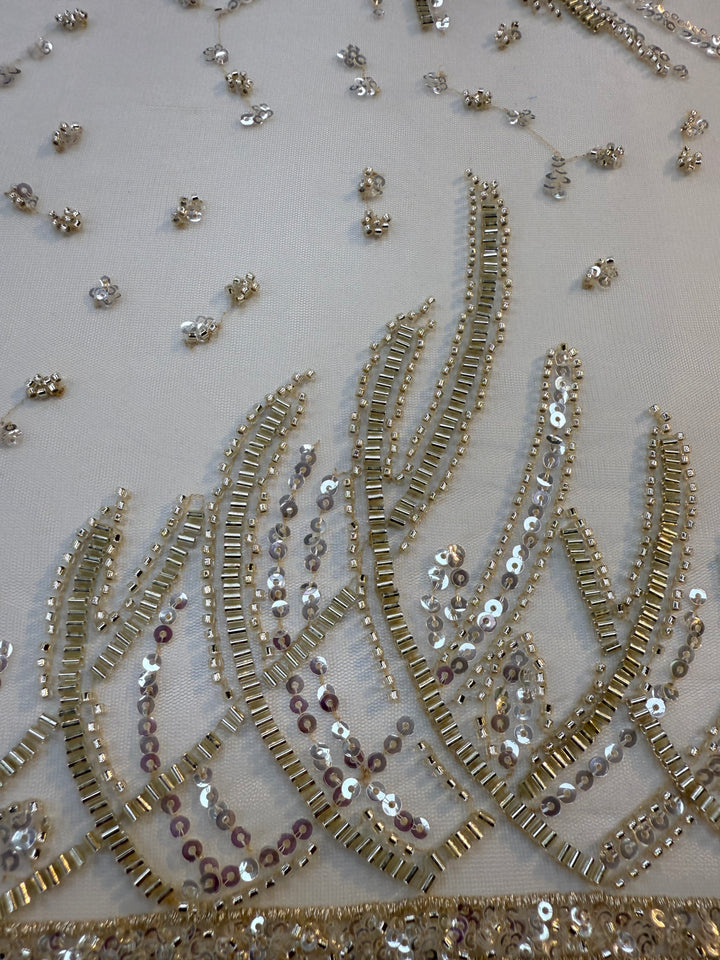 Luxury Silver & Lime Sequin Feather Waves Tulle Fabric (1 Piece = 3 Meter)
