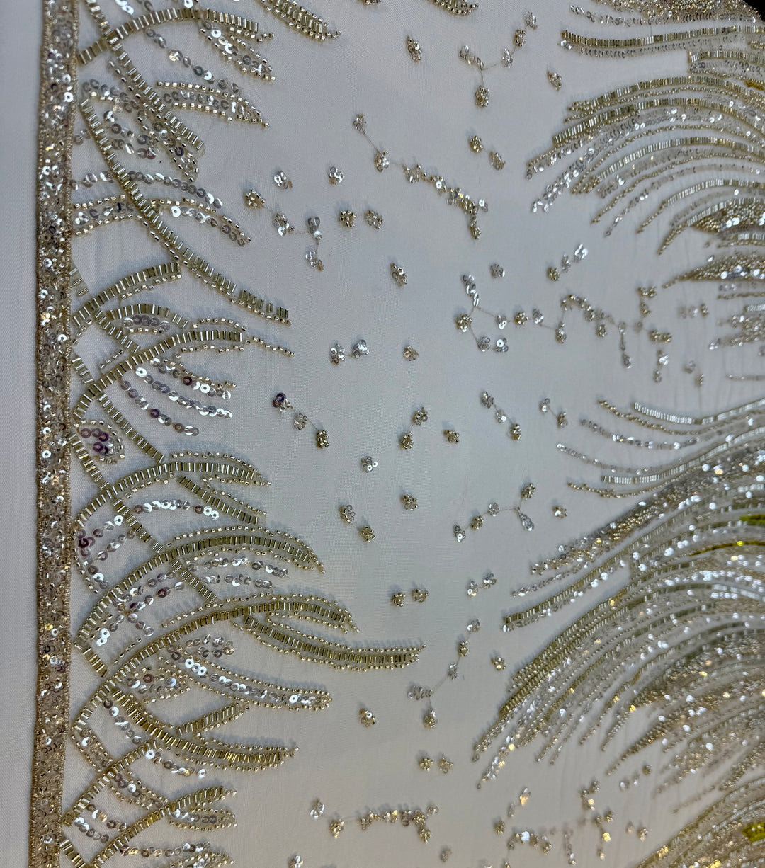 Luxury Silver & Lime Sequin Feather Waves Tulle Fabric (1 Piece = 3 Meter)