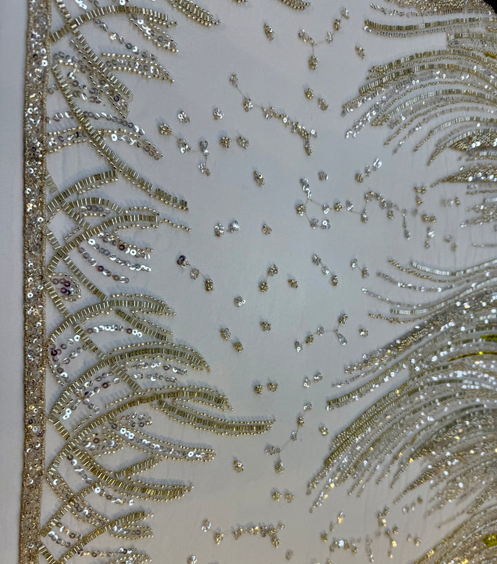 Luxury Silver & Lime Sequin Feather Waves Tulle Fabric (1 Piece = 3 Meter)