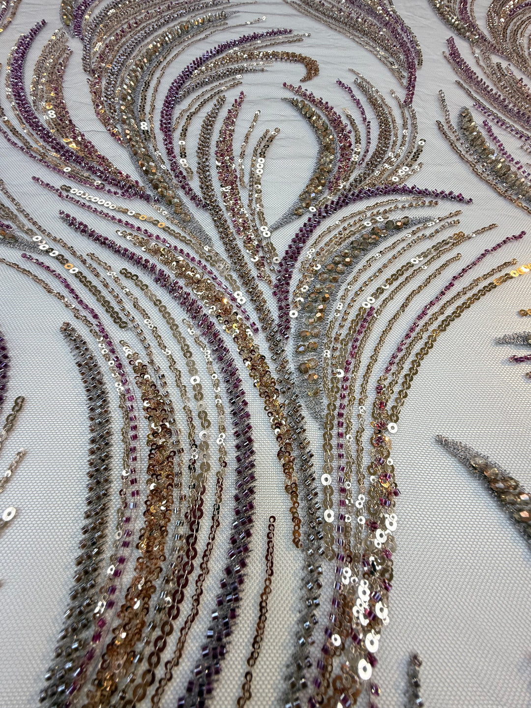 Luxury Sequin Swirl Fabric with Purple & Gold Accents