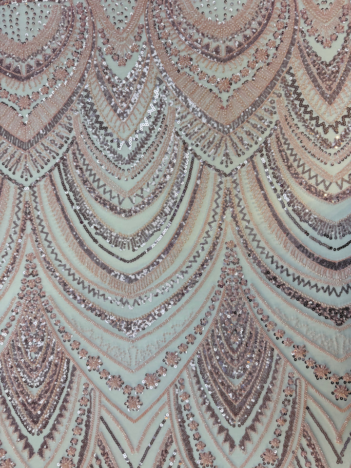 Luxury Rose Gold Art Deco Sequin Embroidered Tulle Fabric (1 Piece = 5 Meter)