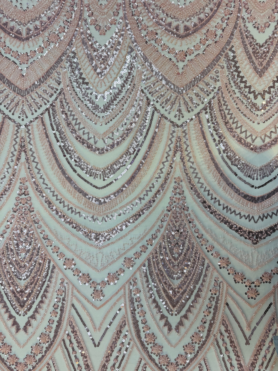 Luxury Rose Gold Art Deco Sequin Embroidered Tulle Fabric (1 Piece = 5 Meter)