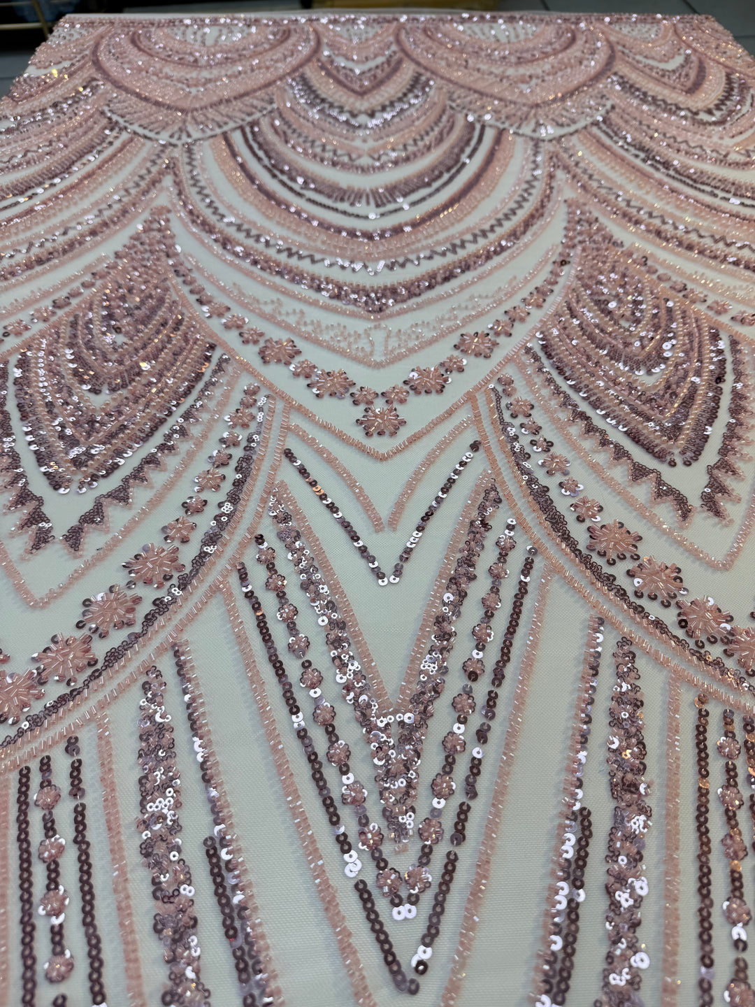 Luxury Rose Gold Art Deco Sequin Embroidered Tulle Fabric (1 Piece = 5 Meter)