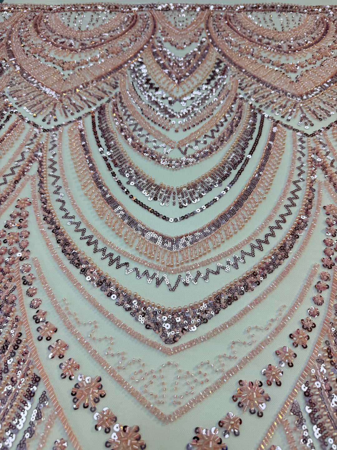 Luxury Rose Gold Art Deco Sequin Embroidered Tulle Fabric (1 Piece = 5 Meter)