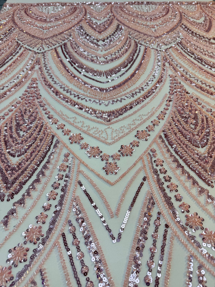 Luxury Rose Gold Art Deco Sequin Embroidered Tulle Fabric (1 Piece = 5 Meter)