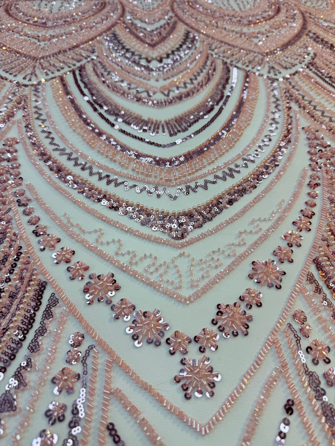 Luxury Rose Gold Art Deco Sequin Embroidered Tulle Fabric (1 Piece = 5 Meter)