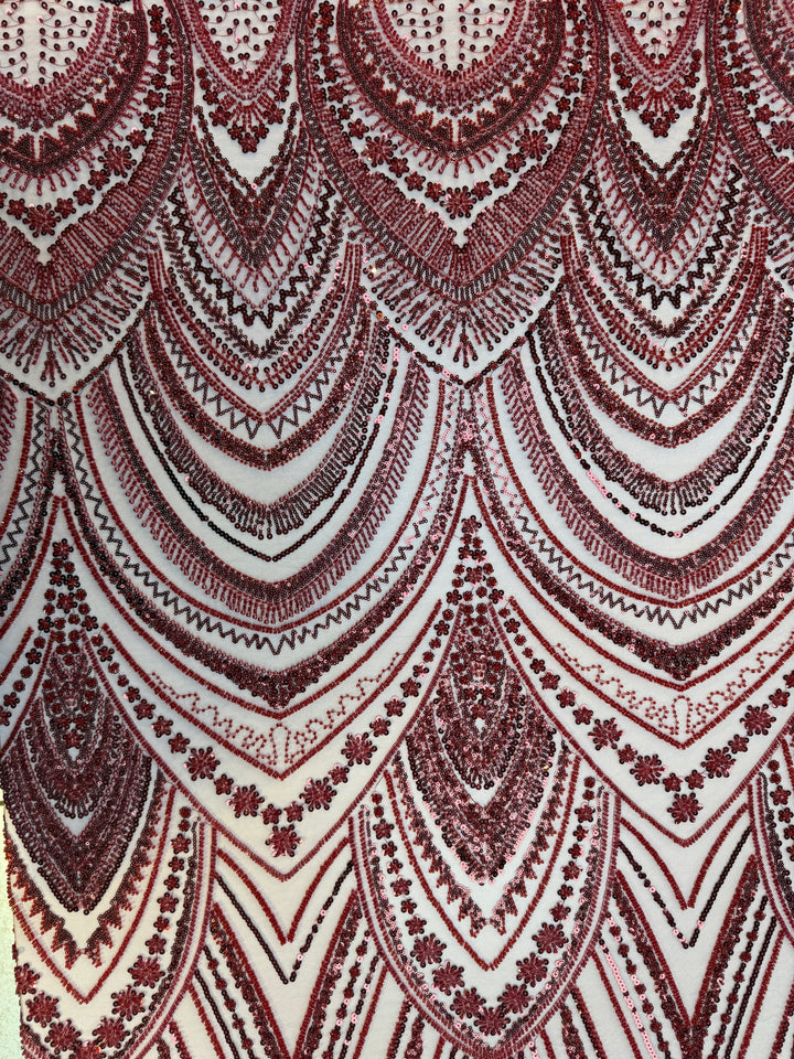 Luxury Burgundy Embroidered Tulle Fabric (1 Piece = 3 Meter)