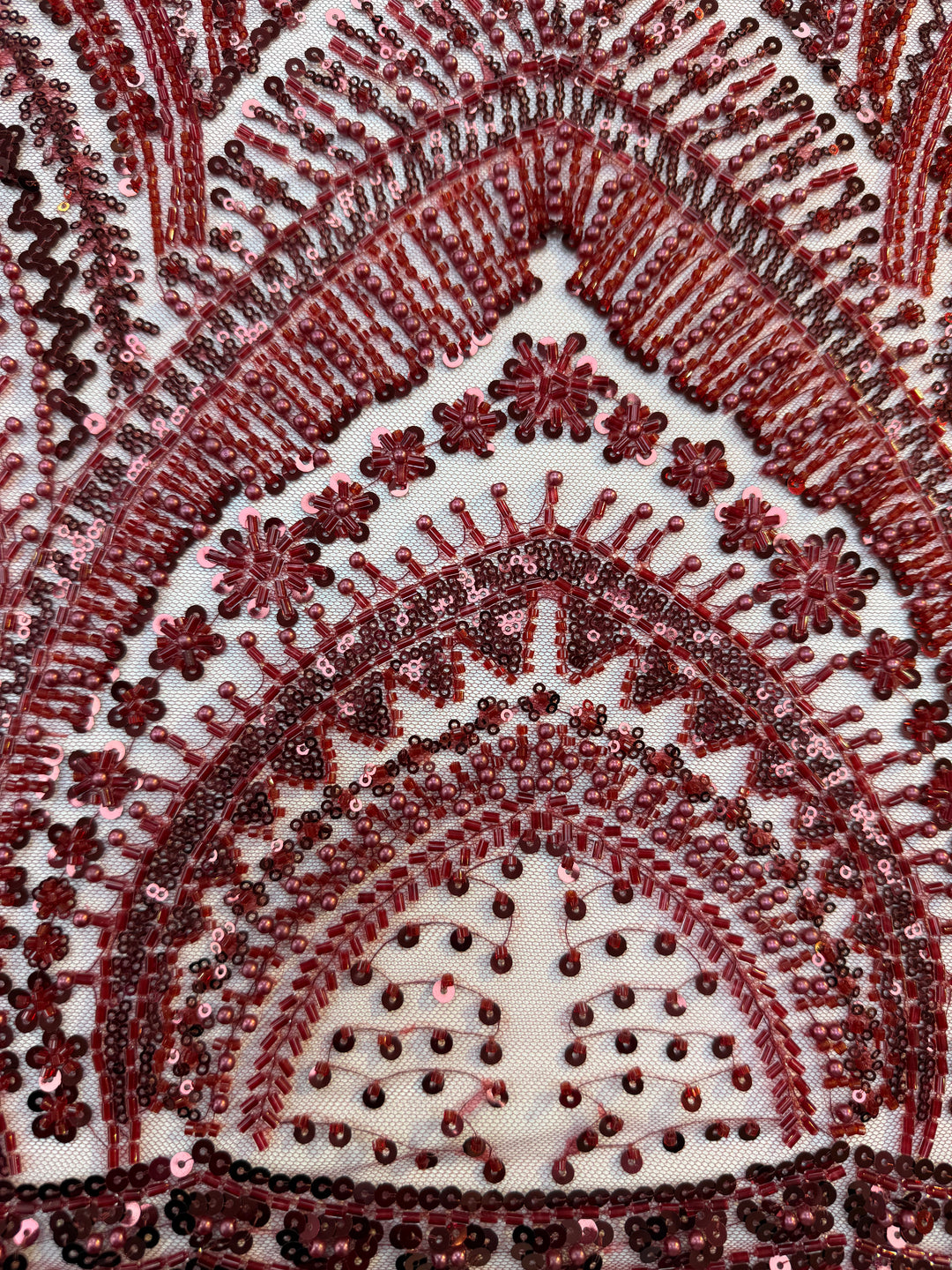 Luxury Burgundy Embroidered Tulle Fabric (1 Piece = 3 Meter)
