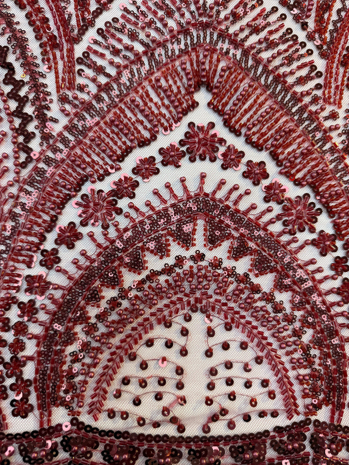 Luxury Burgundy Embroidered Tulle Fabric (1 Piece = 3 Meter)