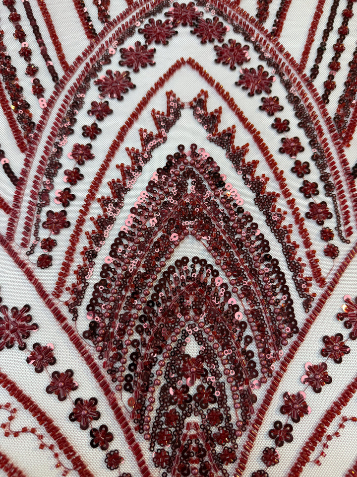 Luxury Burgundy Embroidered Tulle Fabric (1 Piece = 3 Meter)