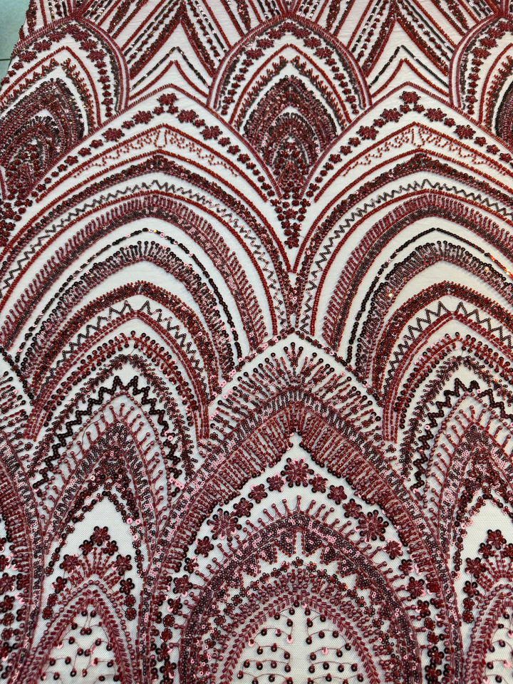 Luxury Burgundy Embroidered Tulle Fabric (1 Piece = 3 Meter)