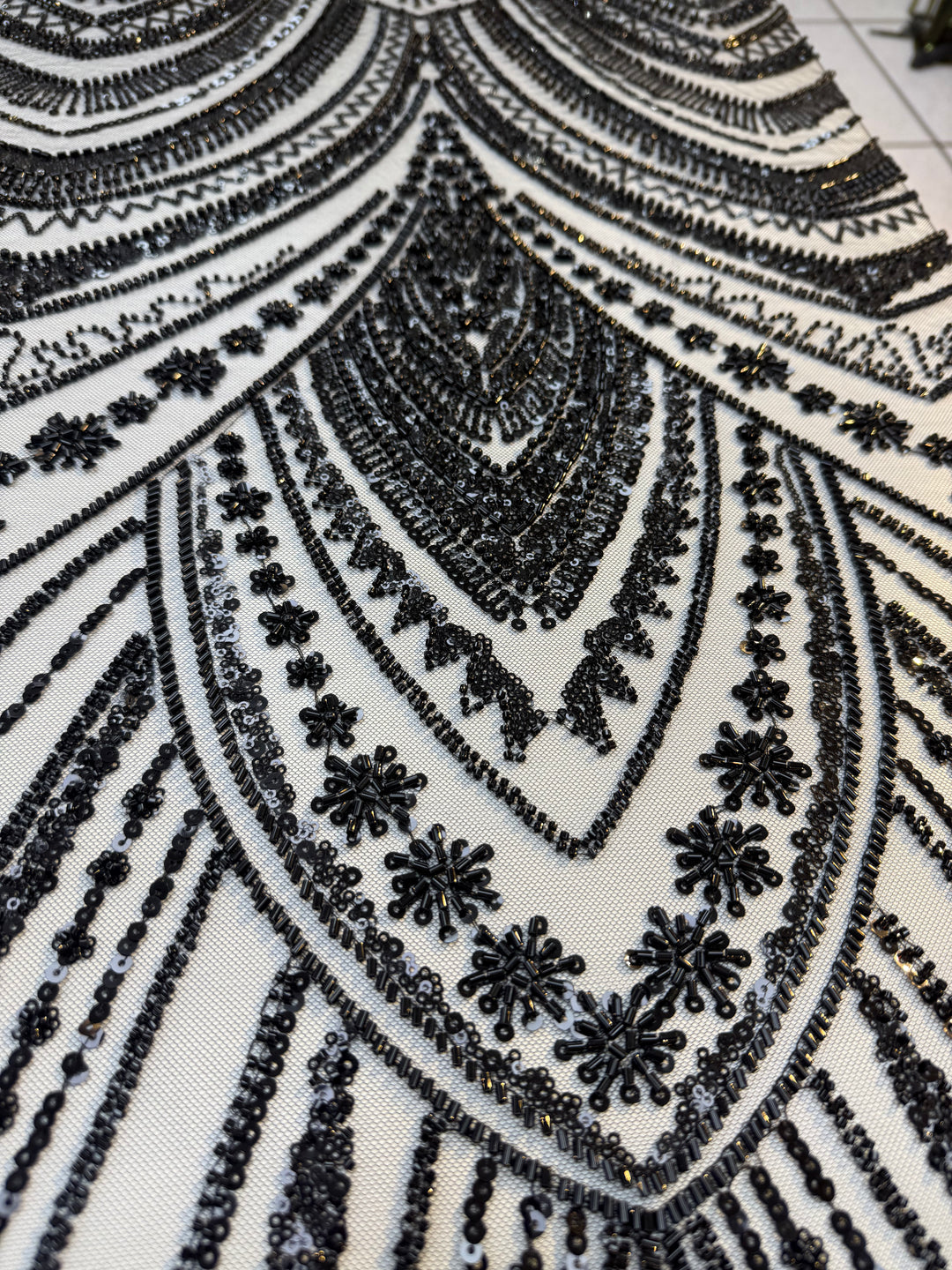 Luxury Black Sequin Embroidered Tulle Fabric – Haute Couture Evening & Bridal Wear (1 Piece = 4 Meter)