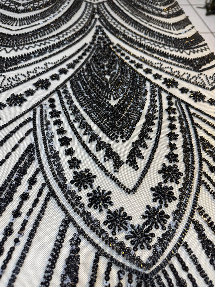 Luxury Black Sequin Embroidered Tulle Fabric – Haute Couture Evening & Bridal Wear (1 Piece = 4 Meter)